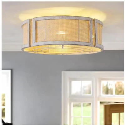 KAISITE 20 in. Indoor Rattan Woven Boho White Caged Fandelier Ceiling Fan Remote - Image 1 of 4