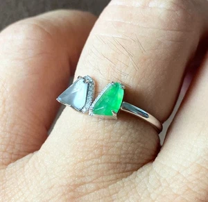 Zertifizierter Grade A Jade Jadeit eisgrün Cabochon Ring 18K Gold Intarsien Natur - Bild 1 von 9