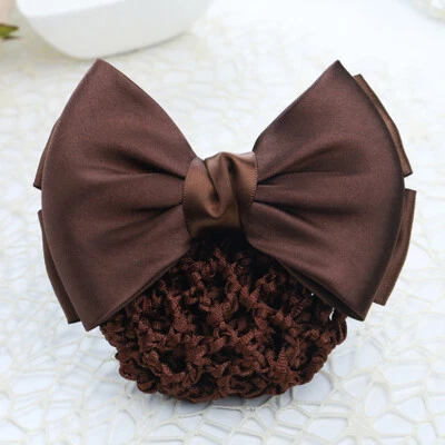 Satin Bow Barrette Women Ladies Hair Clips Cover Net Bowknot Bun Snood Hairgrip↔ - Image 1 of 4