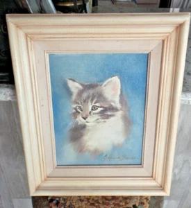 Vintage Oil Painting on Canvas CAT by J. LEWIS BOWKER Framed, 8"x10" - Picture 1 of 10