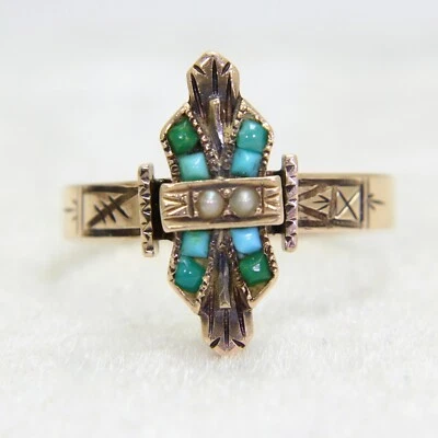 Fantastic Art Deco Egyptian Revival Turquoise Pearl 9ct Rose Gold Ring O ~ 7 1/4 - Image 1 of 4