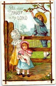 1800s Kids Picking Cherries Victorian Trade Card Put Your Trust in the Lord - Picture 1 of 2