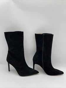 Alexandre Birman Black Suede Pointed Toe Side Zip High Heel Mid Calf Boots Sz 39 - Picture 1 of 8