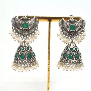 Green Onyx Gemstone Earrings Handmade Antique Silver Jhumka Earrings m275 - Picture 1 of 5