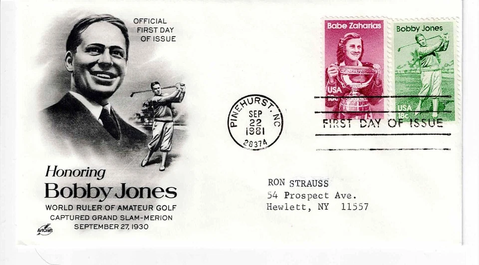 US Scott #1932-33, First Day Cover 9/22/81 Pinehurst, NC COMBO Zaharias & Jones - Image 1 of 1
