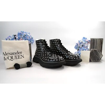 Alexander McQueen Tread Slick Studded Black Leather Lug Sole Boots 37 NIB - Image 1 of 4