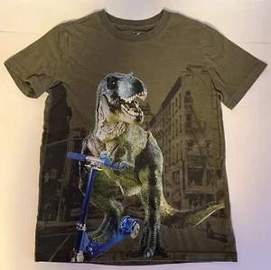 Cat and Jack Dinosaur On A Scooter T-Shirt Olive Green - Boys Size M 8/10 - Picture 1 of 8