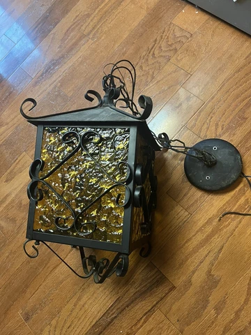 Vintage Mid Century Mod Spanish Revival Iron Pendant Hanging Ceiling Light Amber Cover