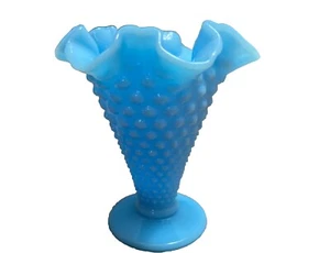 Vintage Fenton Blue Hobnail Milk Glass Vase- 5.5” Ruffled Footed Mini Vase - Picture 1 of 7