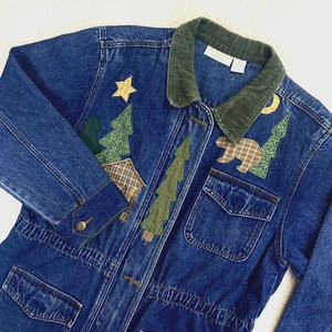 Vintage Christopher & Banks Chore Jacket Womens Sz L Blue Denim Western Lodge - Picture 1 of 15