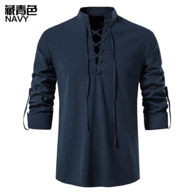 Camisa de lino para hombre cuello en V manga larga informal camisa de verano medieval cosplay camisa Foto 1 de 4