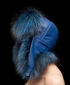 Genuine Electro Blue Silver Fox Fur & Blue Leather Handmade Aviator Trapper Hat - Picture 1 of 4