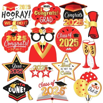 15 PIEZAS 2025 accesorios de cabina de fotos de graduación rojo dorado posar letreros para fiesta graduada Foto 1 de 4