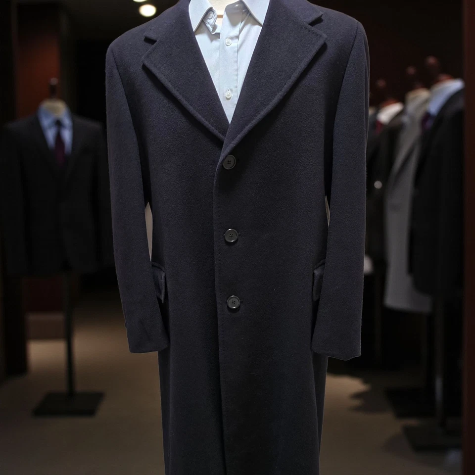 Vintage 1960s Navy Cashmere Overcoat 40L Wide Lapel Tailored - Image 1 of 4