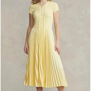 Polo Ralph Lauren Damen Kleid 4 Plissee Fit Flare Kurzarm Midi Buttergelb - Bild 1 von 10