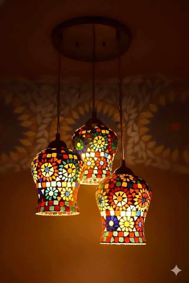 Lustre plafonnier marocain mosaïque turque suspendu 3 lampes suspension lanterne - Photo 1/4