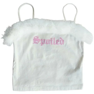 Forever 21 Cropped Tank Kunstfellbesatz Spoiled Spellout Spaghettiträger weiß S - Bild 1 von 4