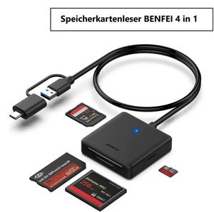 BENFEI 4 in 1 USB USB-C auf SD Micro SD MS CF Kartenleser Adapter Schwarz NEU - Bild 1 von 4