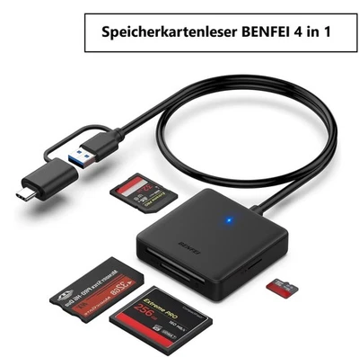 BENFEI 4 in 1 USB USB-C auf SD Micro SD MS CF Kartenleser Adapter Schwarz NEU - Bild 1 von 4