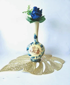 Antique Victorian Bristol Glass Cherub Angel Vase Hand Painted Blue Large 11" - Picture 1 of 9