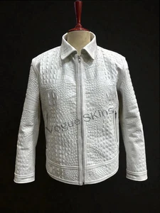 Men's Crocodile White Embossed Cow Hide Leather Jacket Western Design Gift. - Picture 1 of 6