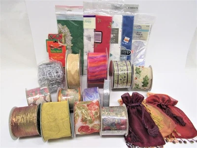 Large Lot of Wired, Embellished Christmas Ribbon and Gift Wrapping - EUC or NEW - Image 1 of 4
