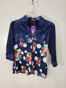 Claretta Womens Size Large L Top Blouse or Jacket Zip NEW Blue Rhinestones lace - Picture 1 of 14