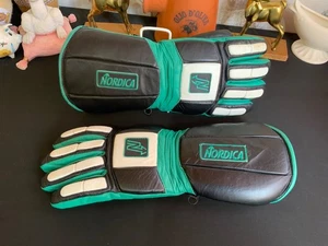 Vintage 1990s Nordica Mens Size Large Leather Ski Gloves Green and Black - Picture 1 of 16