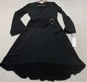 NWT Calvin Klein Womens sz 4 Dress Solid Black V-Neck Faux Wrap Long Sleeve New - Picture 1 of 12