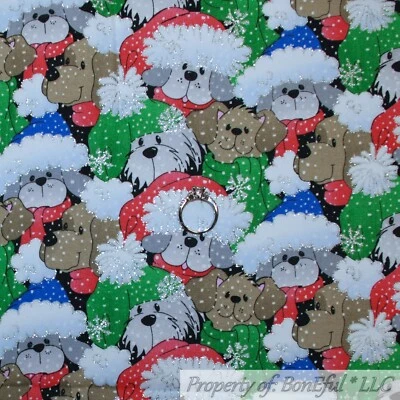 BonEful FABRIC Cotton Quilt Xmas Green Red White Snowflake Dog Santa SCRAP - Image 1 of 4
