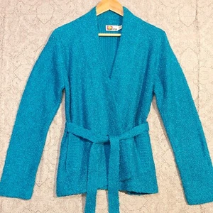 Delta Cardigan Womens M Turquoise Blue Knit Crossover Front w/ Tie & Pockets - Picture 1 of 15