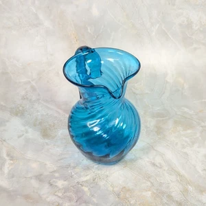Vintage Blue Swirl Handblown Mini Pitcher Creamer 4¼” Fused Handle Small Retro - Bild 1 von 12
