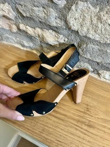 Sandalias de tacón alto Dr Scholl Phiale de cuero negro y gamuza talla EU 38 UK 5 zuecos - Imagen 1 de 7