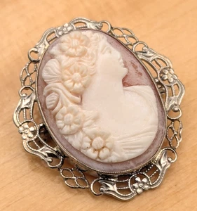 14k White Gold Vintage Woman With Roses Cameo Brooch 27x32mm Oval ~ 5.7g - Picture 1 of 7