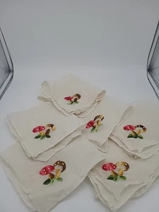 Vintage bestickte Pilz Servietten - Set 6 Stück Leinen? Bunter lustiger Fliegenpilz - Bild 1 von 16