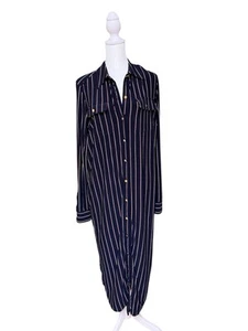 Lauren Ralph Lauren Navy Blue Striped Shirt Dress Size Large Gold Button Long - Picture 1 of 6