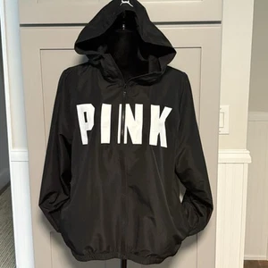 Victorias Secret Pink Black Zip Jacket Hoodie Women XS Rain Wind Coat Mesh Lined - Picture 1 of 10