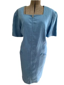 NEW Vintage Blue 100% Linen Short Sleeve Dress By Constance Saunders Size 20 - Picture 1 of 9
