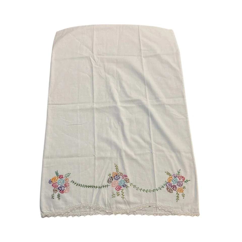 Vintage Embroidered Floral Pillowcase with Lace Trim 20x29" - Image 1 of 4