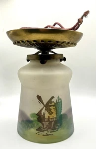 Antiker umgekehrter bemalter satinierter Glasschirm & Deckenleuchte Windmühle - Bild 1 von 11