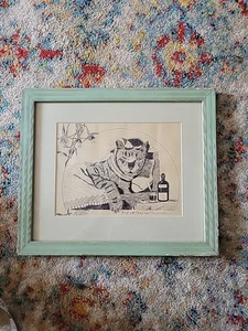 Cama relajante de colección con bolígrafo y dibujo a tinta para gato enmarcado "y sin embargo llaman a esto diversión" - Imagen 1 de 14