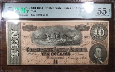 1864 $10 Conferate States Of America Note T-68 PMG 55 EPQ - Image 1 of 2