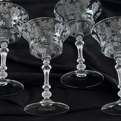 剑桥玻璃玫瑰尖雪贝香槟高脚杯4件套蚀刻水晶 — 第 1/4 张图片