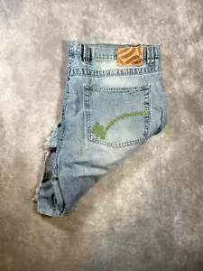 MISKEEN ORIGINALS Shorts Size 42 Blue Paint Splatter Hip Hop Denim Y2K Baggy - Picture 1 of 11