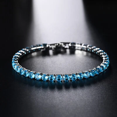 New 4MM Round Gemstone Sky Blue Topaz Gemstone Silver Jewelry Bracelet For Women - Image 1 of 4