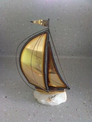 Brutalist Brass Quartz Sailboat Sculpture MCM Vintage 9" Signed 2 Sails - Image 1 of 4