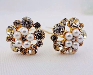 Hair Pins Rhinestones White Pearls Set Of Two Dressy Occasion Bridal Wedding - Picture 1 of 13