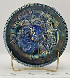Cobalt Blue Carnival Glass Imperial Roses Pattern Large Footed Bowl - Picture 1 of 12