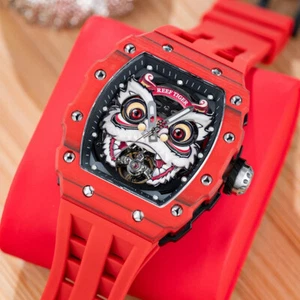 Reef Tiger Men Automatic Watch Mechanical Carbon Fiber Bezel Luminous Lion Dial - Picture 1 of 11
