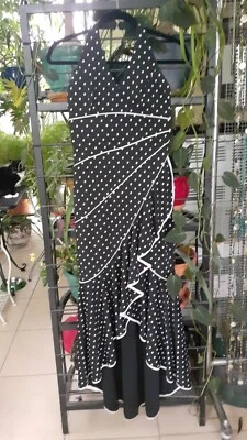 Whimsical Princess Polka Dot Halter Flamenco Dress XS Long Black Crepe Ruffle  - Image 1 of 2